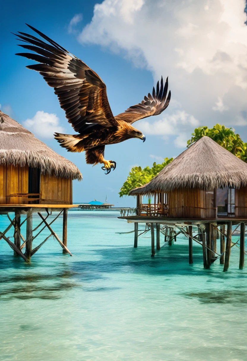 "Create an image of a majestic golden eagle flying over the crystal clear ocean waters of the Maldives Islands, with the iconic stilt houses and lush vegetation in the background. The sky is blue, with few clouds, and the sunlight reflects on the gentle waves."