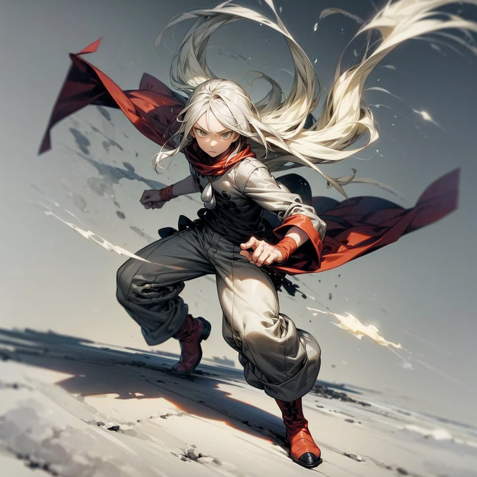 1little boy, Full body version, 1character, green eyes color, milk skin, long hairstyle, gray colour hair, muscle, minimalisty style clothing, red pegged pants, boots, Grassroots background in field snow, motion blur, (one piece style art), smoke, shadow, battle gesture, lighting fire,