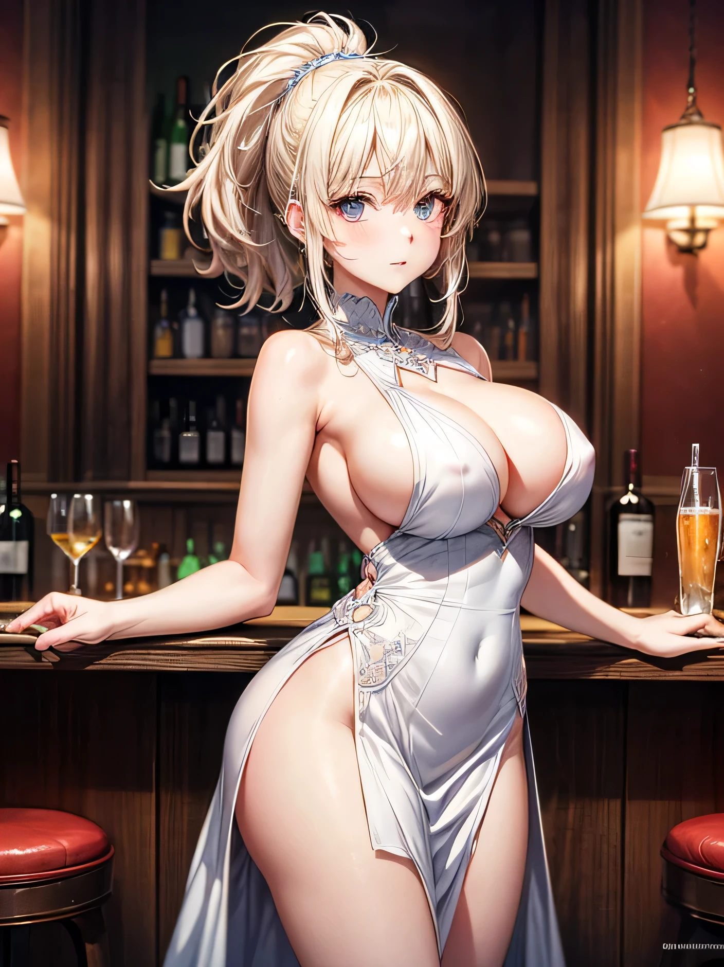 ((highest quality)), ((High resolution)), ((masterpiece)), ((detailed)), View Viewer, Cowboy Shot, Depth of written boundary, One mature woman, Perfect Face, Cute and symmetrical face, Shiny skin, (Beautiful Hair, Platinum blonde hair), Blond girl in a bar, perfect body, gorgeous dress, looking at viewer, anime, big breast, side boob, white sexy dress, the picture portraits the girl until her knees
