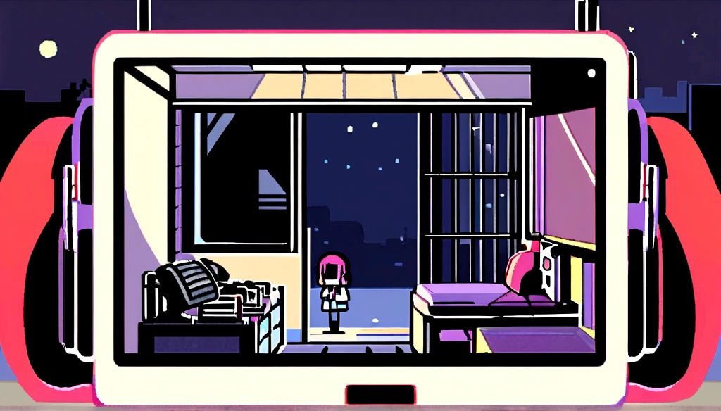 night、Girl listening to music in a cozy room, Using headphones, 2D-style animation, Lo-Fi, hard disk, Dark Environment