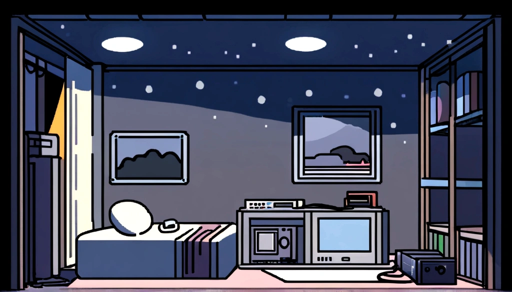 night、Girl listening to music in a cozy room, Using headphones, 2D-style animation, Lo-Fi, hard disk, Dark Environment