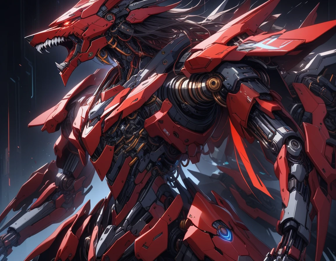 ((Masterpiece)), ((Best Quality)), (Very Detailed), ((Very Detailed)), 4K, (8K), very aesthetic, absurdres highres, Red Mecha Wolf, A red mecha wolf with advanced high-tech armor, characterized by sharp lines and rugged edges. Details: The mecha wolf's armor is composed of red metallic plates with glowing crimson accents. The eyes are dark red, adding a menacing and commanding presence. The design incorporates complex mechanical components, giving it a futuristic and cyberpunk appearance. The white background and dramatic lighting enhance the depth and three-dimensionality of the image, cyborg, android,