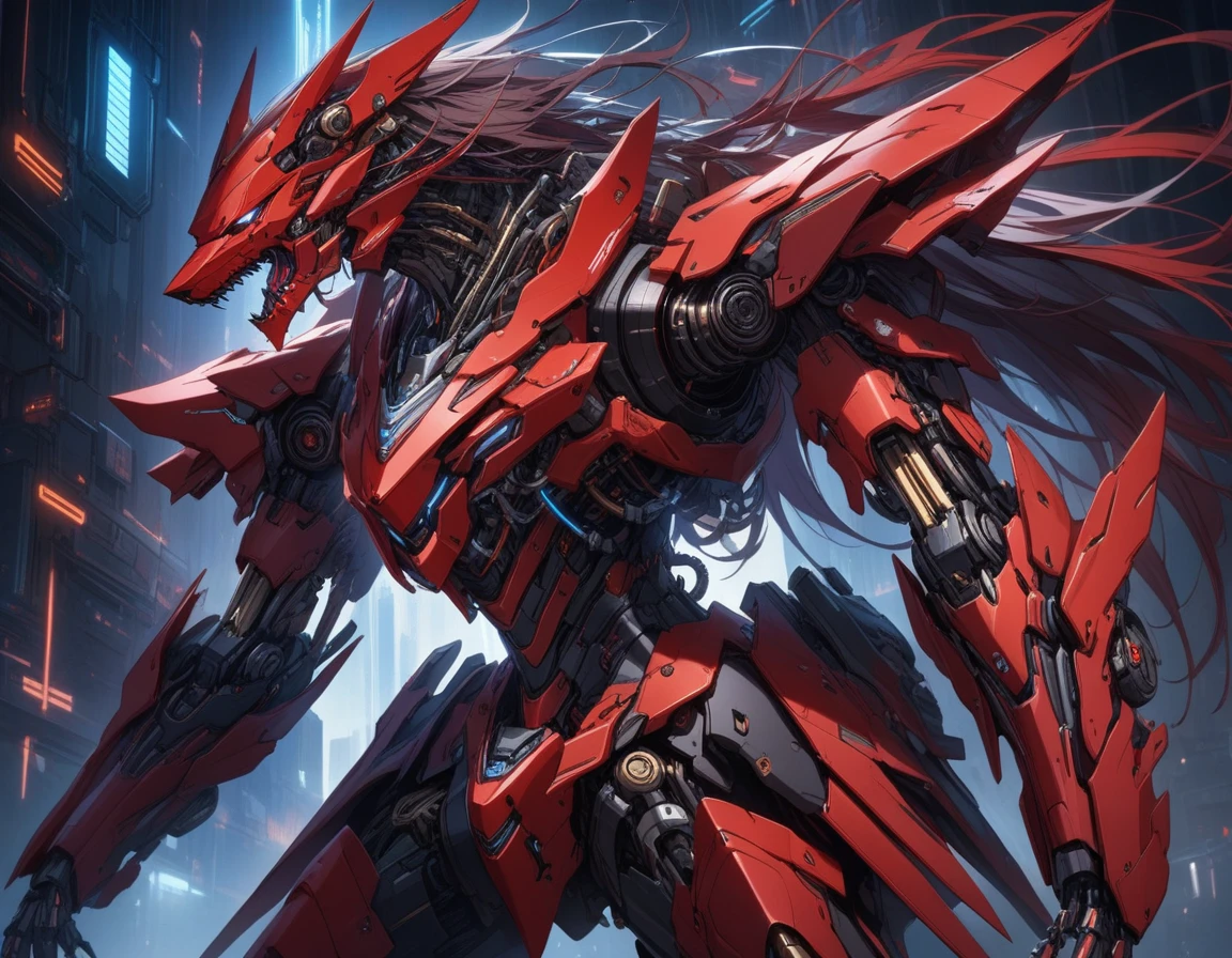 ((Masterpiece)), ((Best Quality)), (Very Detailed), ((Very Detailed)), 4K, (8K), very aesthetic, absurdres highres, Red Mecha Wolf, A red mecha wolf with advanced high-tech armor, characterized by sharp lines and rugged edges. Details: The mecha wolf's armor is composed of red metallic plates with glowing crimson accents. The eyes are dark red, adding a menacing and commanding presence. The design incorporates complex mechanical components, giving it a futuristic and cyberpunk appearance. The white background and dramatic lighting enhance the depth and three-dimensionality of the image, cyborg, android,
