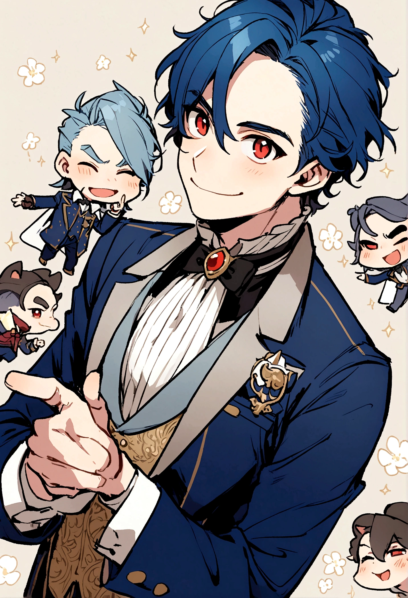 Duke, drak blue hair, hansome, red eyes