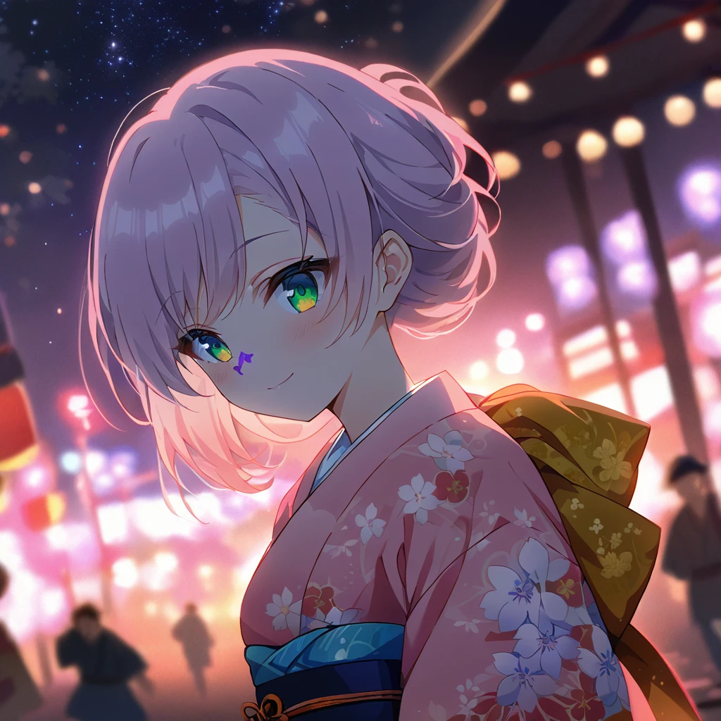 1girl,(japanese clothes, pink kimono, floral print,  kimono,  print kimono,  sash, wide sleeves, obi),Shrine grounds in the morning,  background,(RAW photo, best quality), (anime style:1.4), masterpiece, an extremely delicate and beautiful, extremely detailed, 2k wallpaper, Amazing, finely detail, extremely detailed CG unity 8k wallpaper, ultra-detailed, highres, soft light, beautiful detailed girl, extremely detailed eyes and face, beautiful detailed nose, beautiful detailed eyes,cinematic lighting,city lights at night,starry sky,perfect anatomy,slender body,light smile,lavender-colored hair,green eyes,