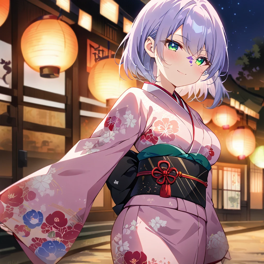 1girl,(japanese clothes, pink kimono, floral print,  kimono,  print kimono,  sash, wide sleeves, obi),Shrine grounds in the morning,  background,(RAW photo, best quality), (anime style:1.4), masterpiece, an extremely delicate and beautiful, extremely detailed, 2k wallpaper, Amazing, finely detail, extremely detailed CG unity 8k wallpaper, ultra-detailed, highres, soft light, beautiful detailed girl, extremely detailed eyes and face, beautiful detailed nose, beautiful detailed eyes,cinematic lighting,city lights at night,starry sky,perfect anatomy,slender body,light smile,lavender-colored hair,green eyes,