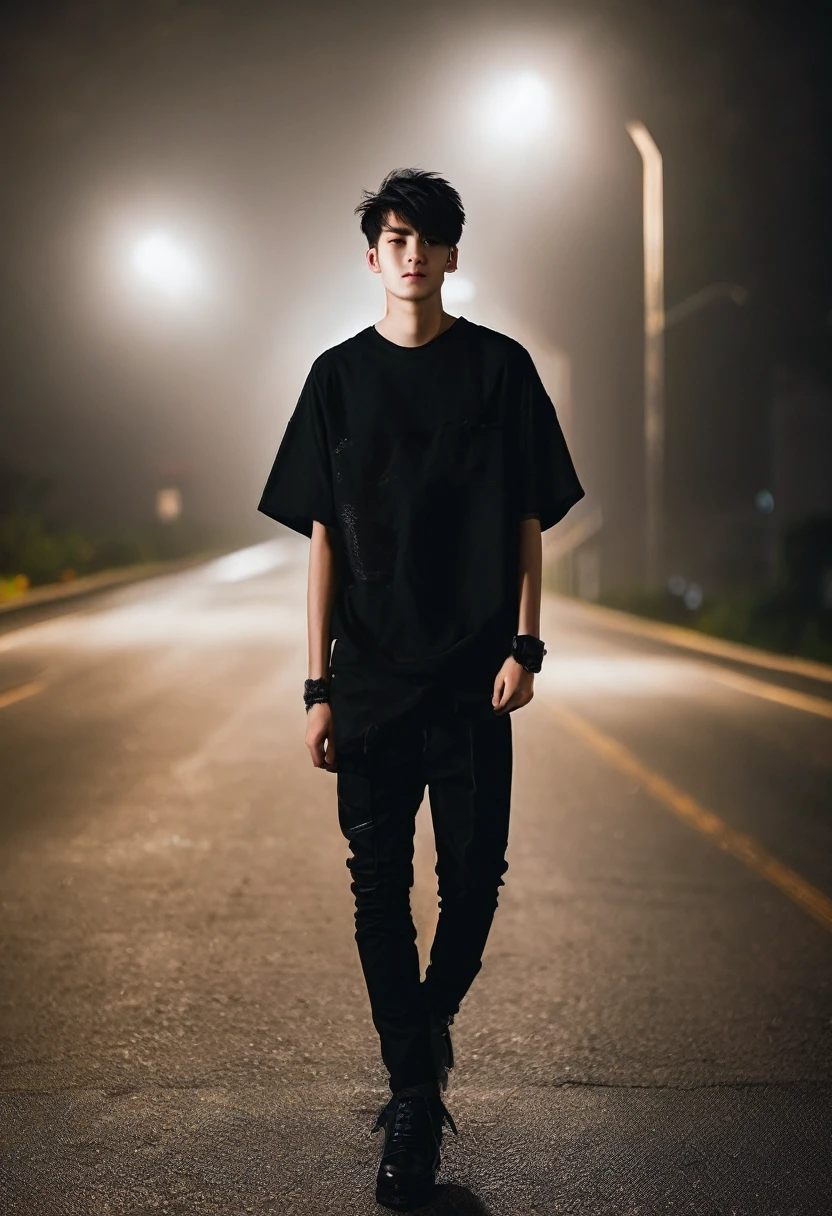 Night photo, fogy,road,a boy 20 years old,hight 5.8 ,cool pose,black shirt black pants Balck shoes,high resolution photo orginal