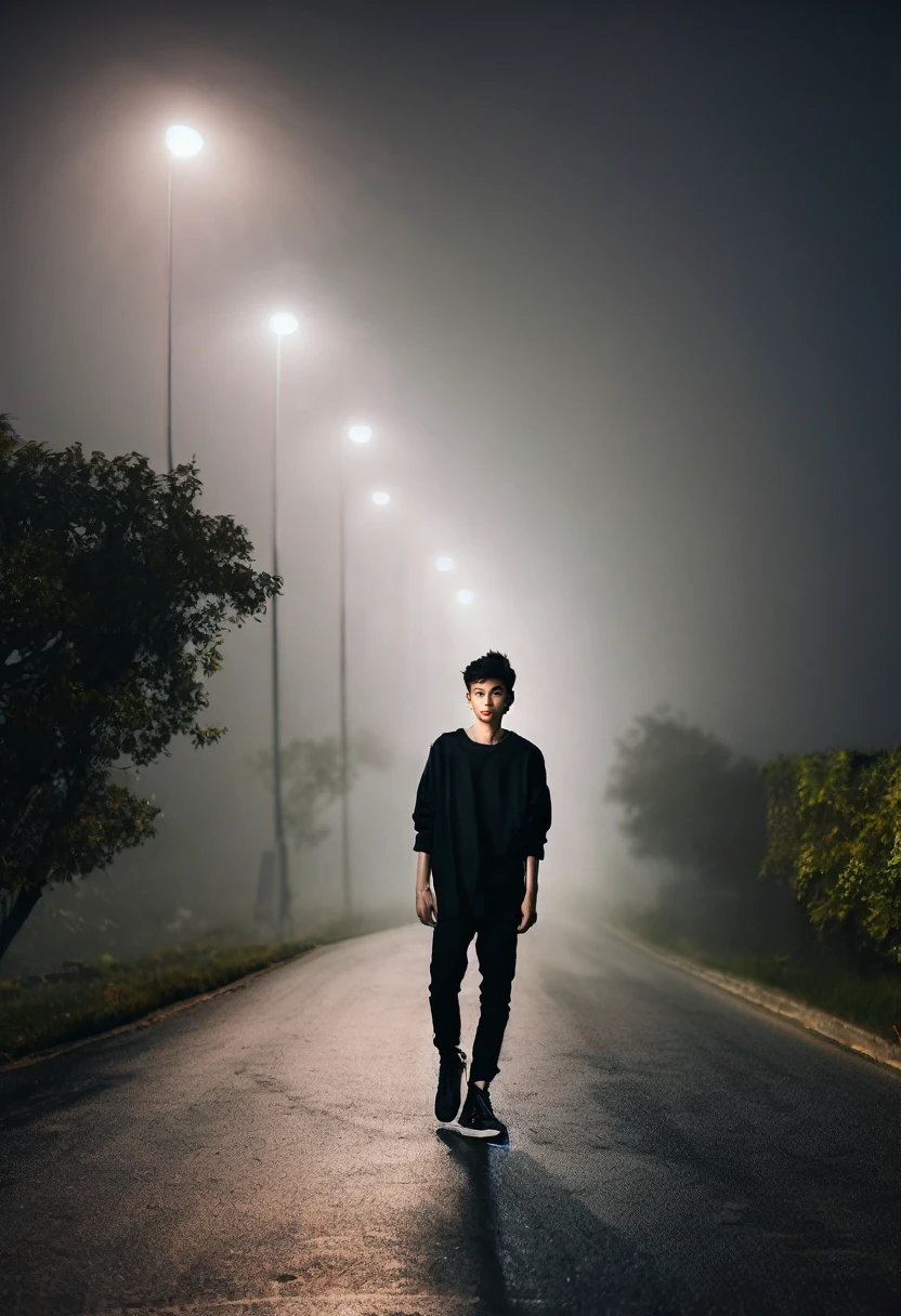 Night photo, fogy,road,a boy 20 years old,hight 5.8 ,cool pose,black shirt black pants Balck shoes,high resolution photo orginal 
