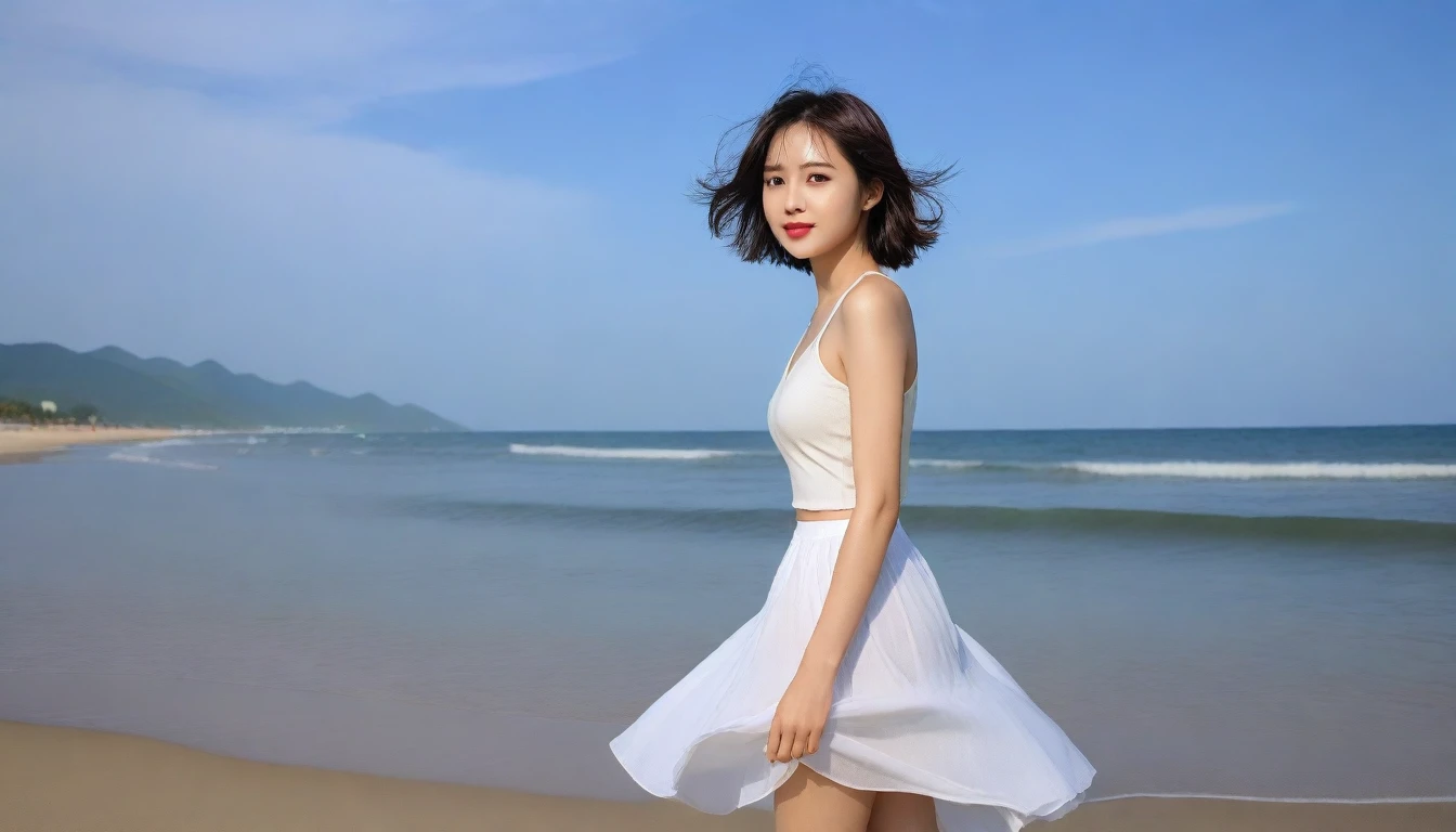 Beautiful Korean Woman, Chest size 34 inches, Wear sleeveless, light skirts, Looking at the sea from the beach at sunset. beautiful pretty woman look , wearing a light skirt , Go far into the sea water and soak your feet, wet, dark blue sky, bright sun light at midday, Short medium hair blowing in the wind, 1 woman, beautiful eyes, A slight smile, Beach with waves in Danang, Vietnam, palm trees visible, Taken from afar with a wide angle lens, best high definition, 