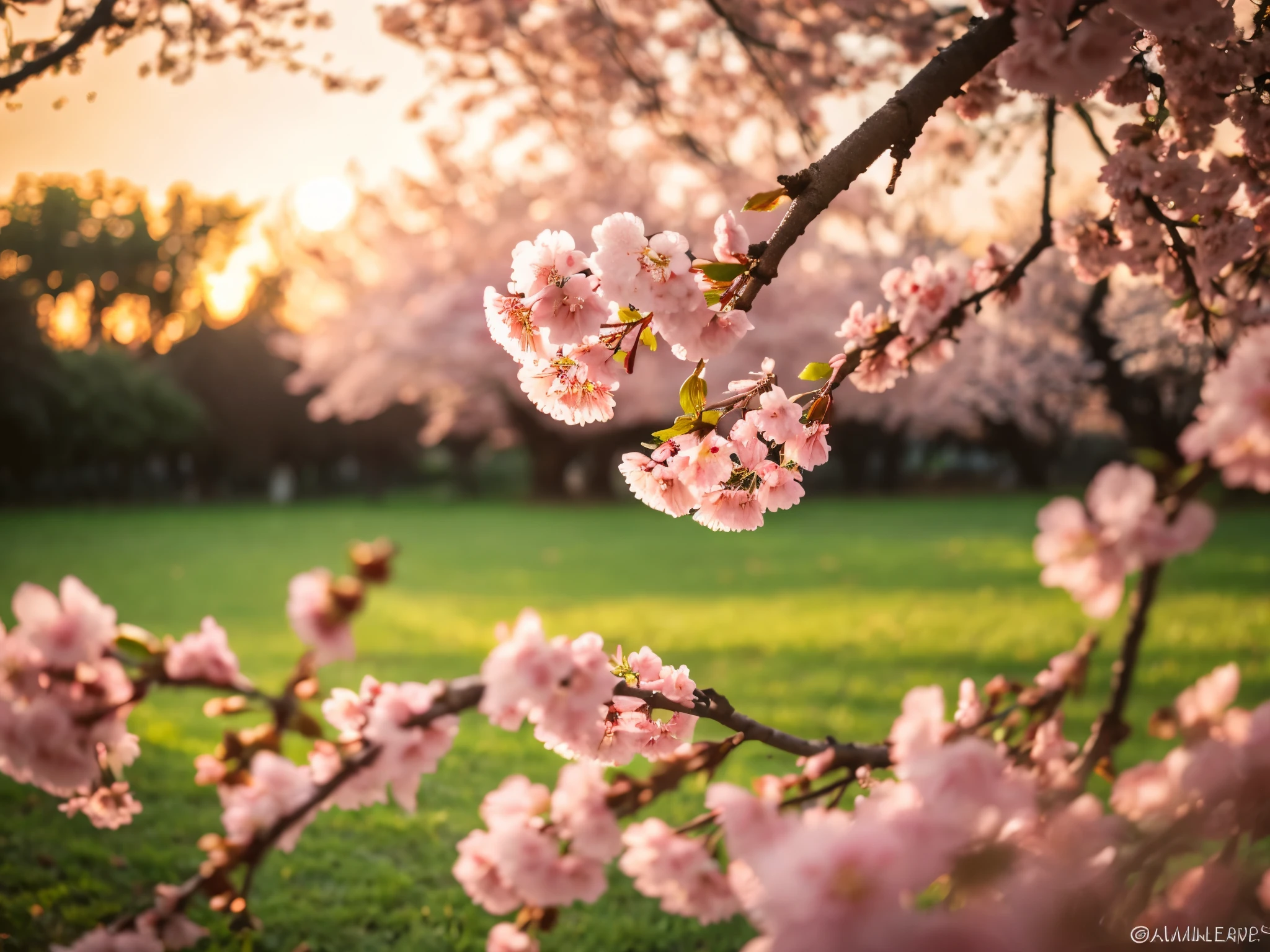 A beautiful pink cherry blossom tree, detailed intricate petals, stunning sunset sky, warm golden light, lush green leaves, peaceful serene atmosphere, photorealistic, masterpiece, highly detailed, 8k, hyper realistic, natural lighting, dramatic lighting, vivid colors, soft focus, shallow depth of field