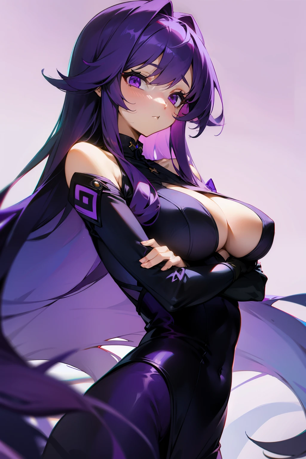 Cute girl, long purple hair, purple eyes, big breasts