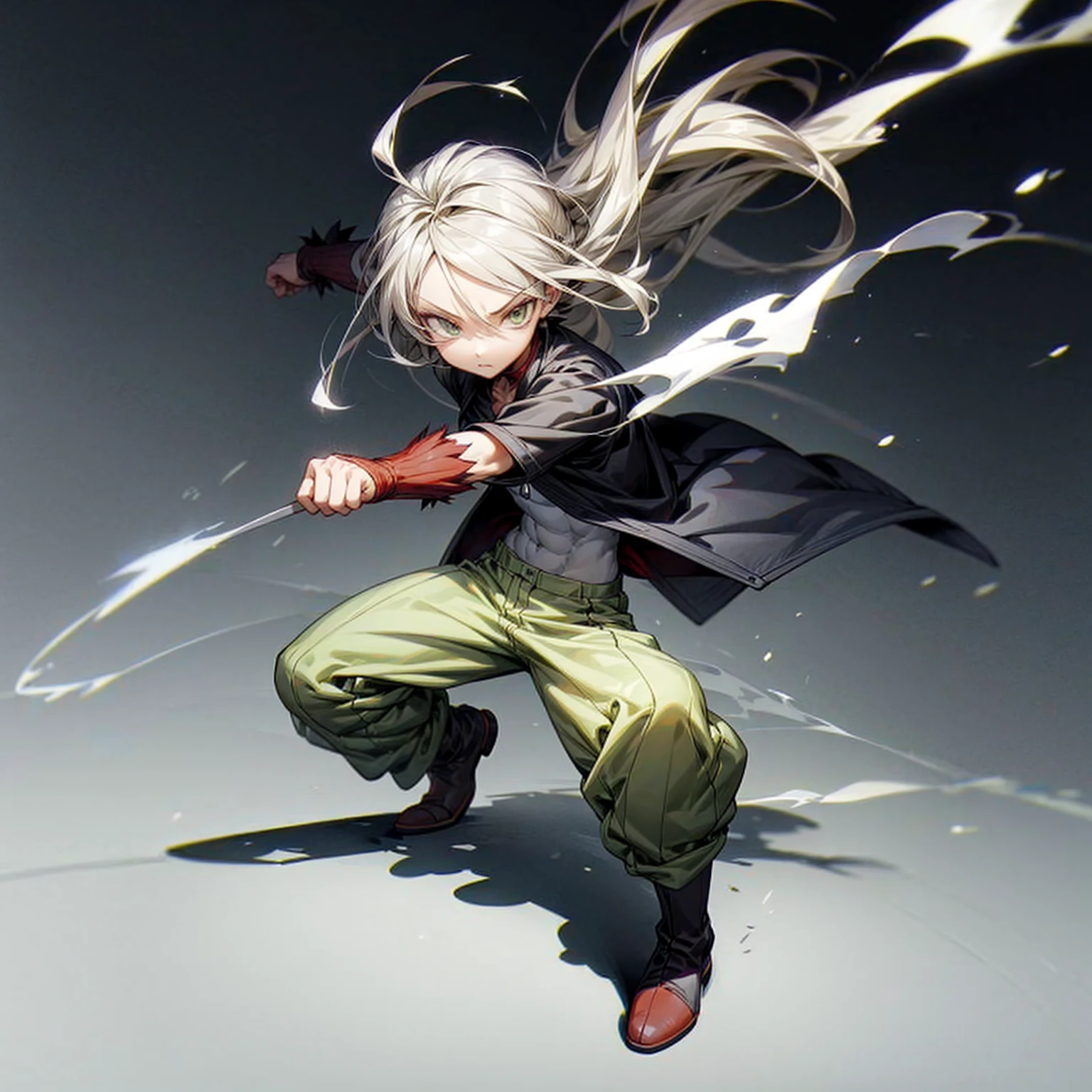 1little boy, Full body version, 1character, green eyes color, milk skin, long hairstyle, gray colour hair, muscle, minimalisty style clothing, red pegged pants, boots, Grassroots background in field snow, motion blur, (one piece style art), smoke, shadow, battle gesture, lighting fire, 