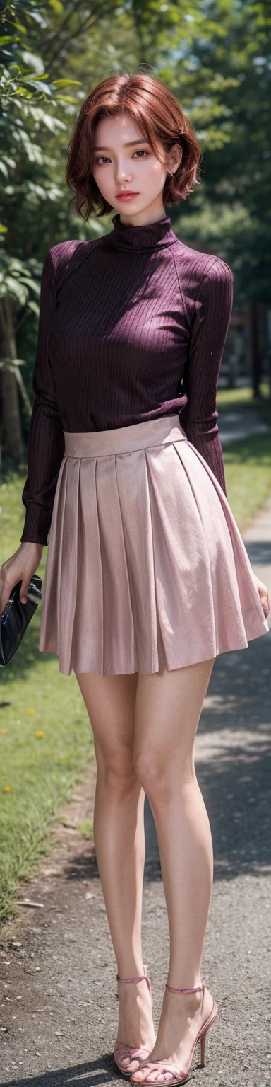 A beautiful woman, 32 years old, Red short hair, shimmering brown eyes, and , and a purple and pink blaser, skirt, and白色背景, Intricate details,