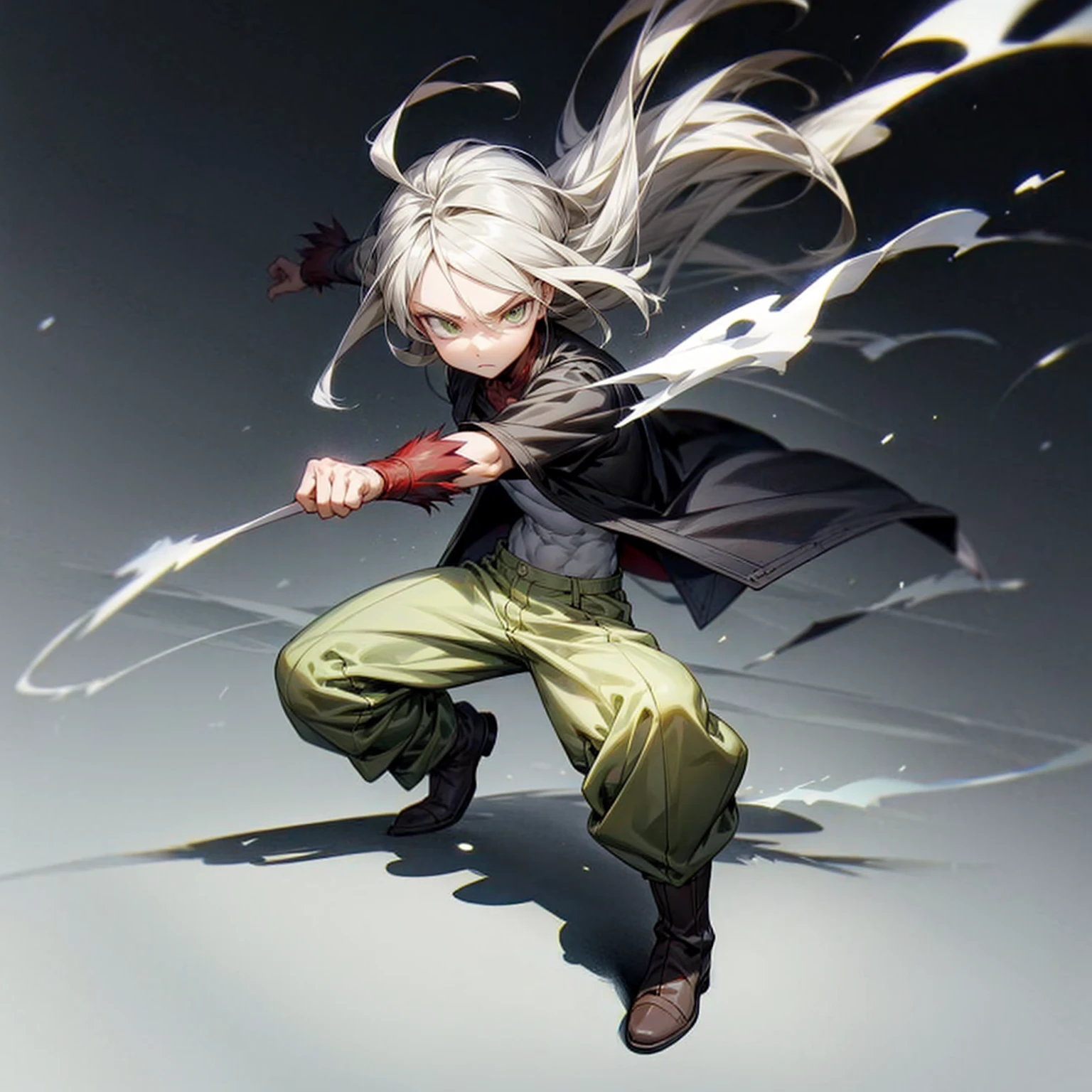 1little boy, Full body version, 1character, green eyes color, milk skin, long hairstyle, gray colour hair, muscle, minimalisty style clothing, red pegged pants, boots, Grassroots background in field snow, motion blur, (one piece style art), smoke, shadow, battle gesture, lighting fire,