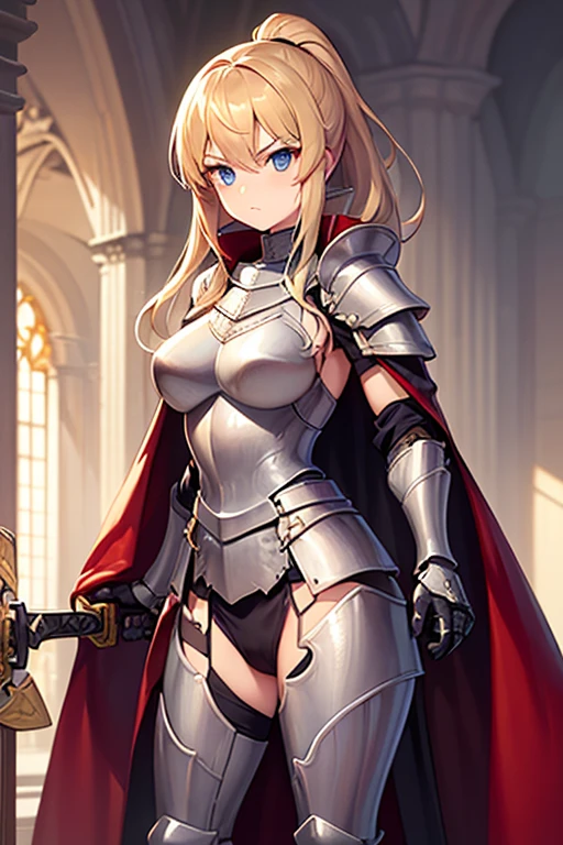 masterpiece, extra limbs, 1lady, 25 years old, gold long high ponytail, gold pubic hair, slant blue eyes, medium pointy breasts large areolas, muscle, serious, standing,((hold a Holy sword)), (((clothed plate armor knight cape))),