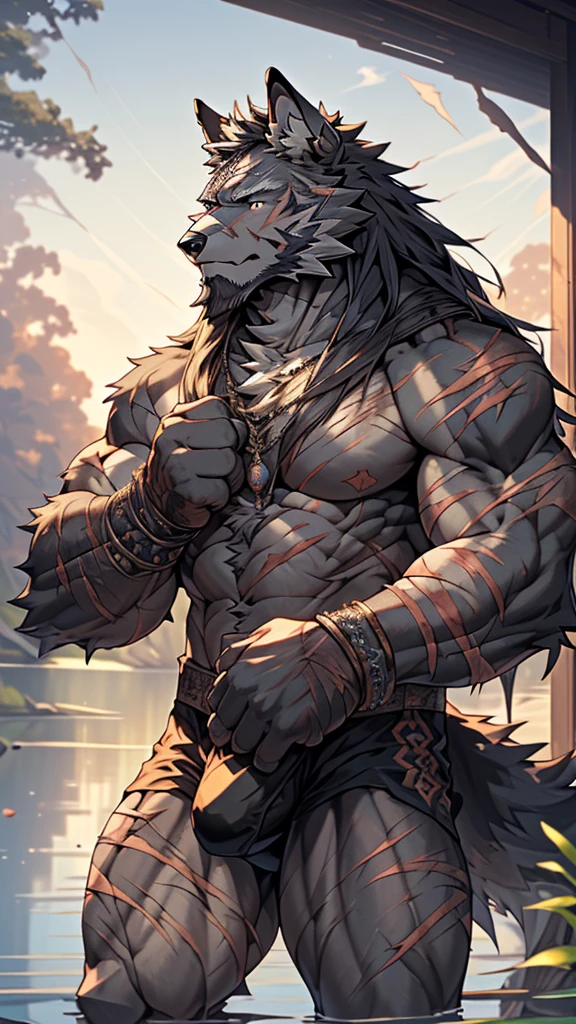 (masterpiece),(highres),(intricate details:1.4),extremely detailed,(illustration:1.2),8k,photorealistic,exquisite,,aged,elder male wolf,muscular,(general:1.7),,manhood,warrior,(black fur:1.3),long hair,long beard,(numerous scars:1.7),(badly damaged:1.7),(bulging crotch:1.8),(homosexual),(a serene face:1.9)