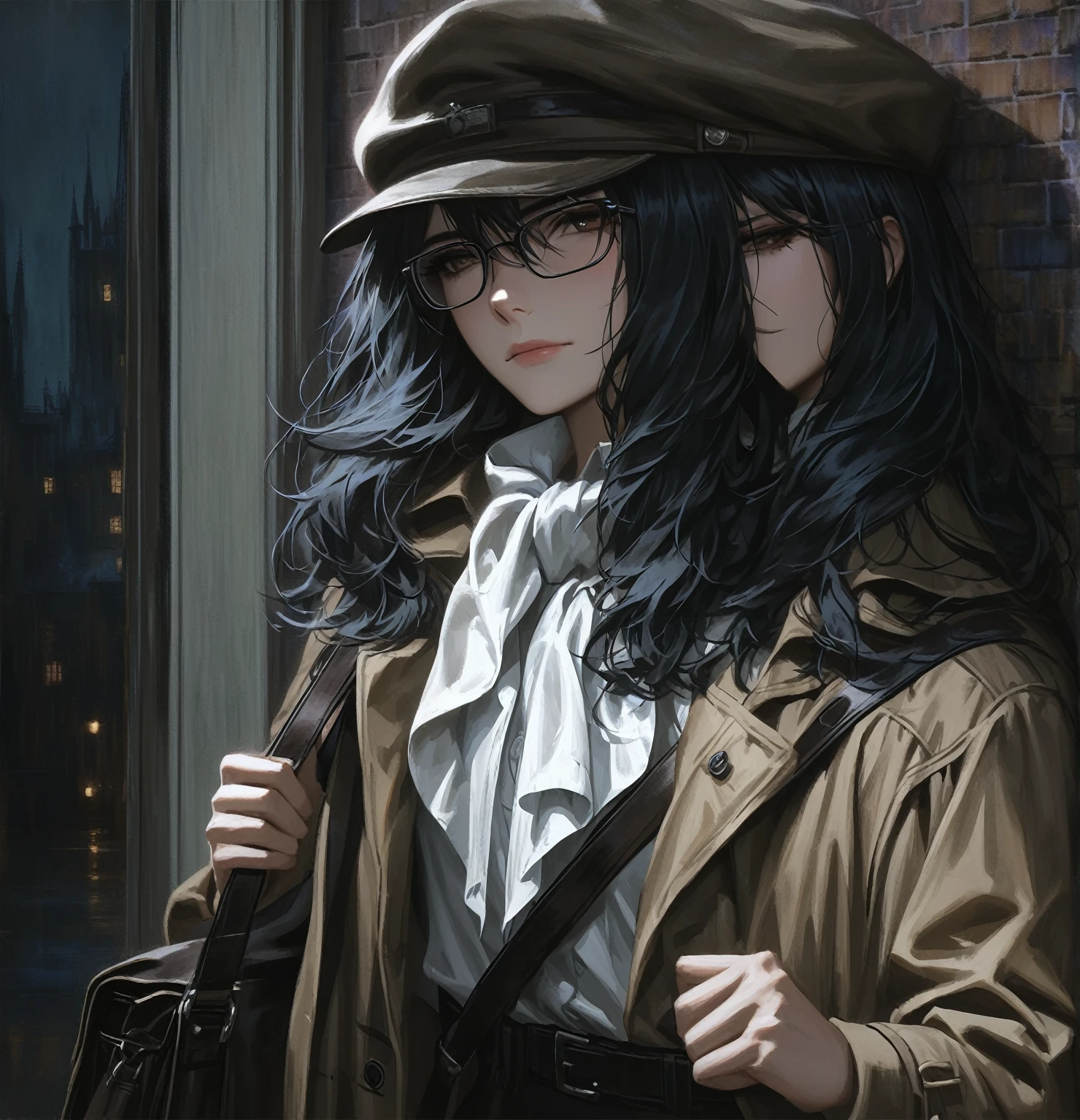 ((adult)), (woman), ((tall)), ((Ryoshu from Limbus company)) , masterpiece, best quality, dark aura,
short black hair, glasses, plain white shirt, brown coat, black pants, white kerchief around neck, flat cap carrying a robust leather bag, (faint smile), realistic anime style, (oil painting), dark old manor background, night, impasto.