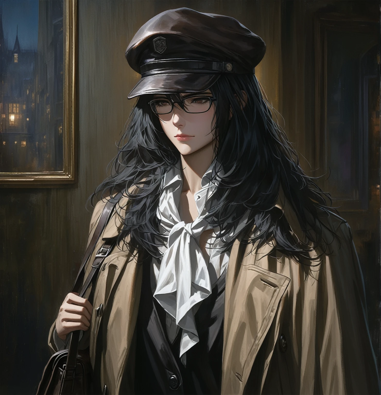 ((adult)), (woman), ((tall)), ((Ryoshu from Limbus company)) , masterpiece, best quality, dark aura,
short black hair, glasses, plain white shirt, brown coat, black pants, white kerchief around neck, flat cap carrying a robust leather bag, (faint smile), realistic anime style, (oil painting), dark old manor background, night, impasto.