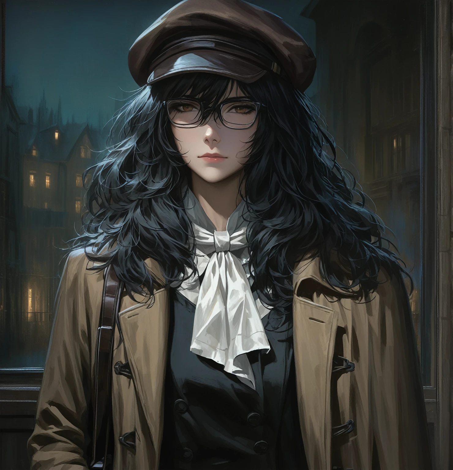 ((adult)), (woman), ((tall)), ((Ryoshu from Limbus company)) , masterpiece, best quality, dark aura,
short black hair, glasses, plain white shirt, brown coat, black pants, white kerchief around neck, flat cap carrying a robust leather bag, (faint smile), realistic anime style, (oil painting), dark old manor background, night, impasto.