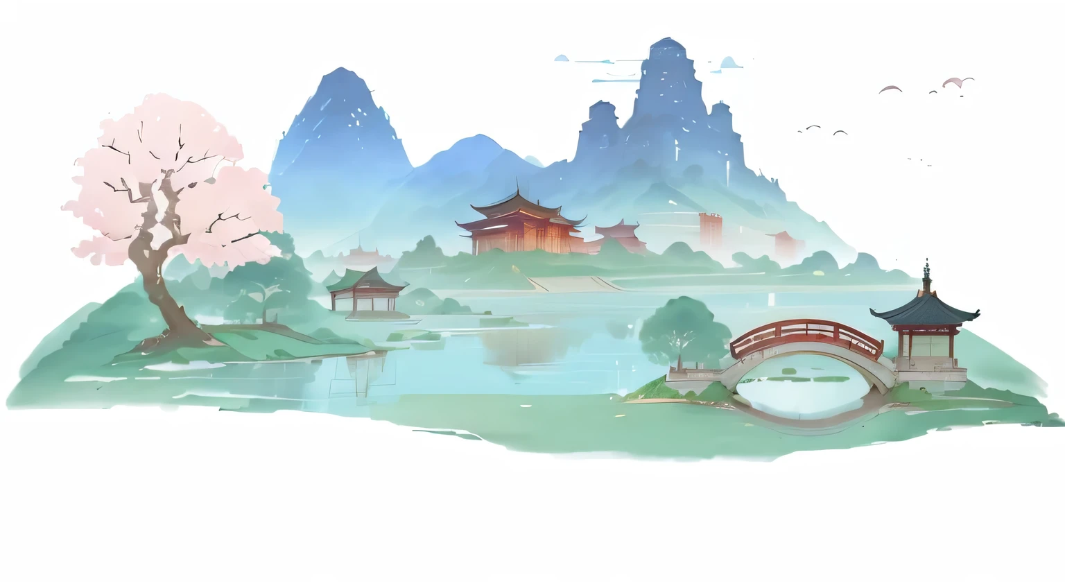 There is a beautiful landscape painting，There is a bridge and a tower，landscape illustration，Temple Background，Ancient city landscape，Chinese watercolor style，Tranquility illustration，Landscape art details，Beautiful artwork illustration，Anime Landscape