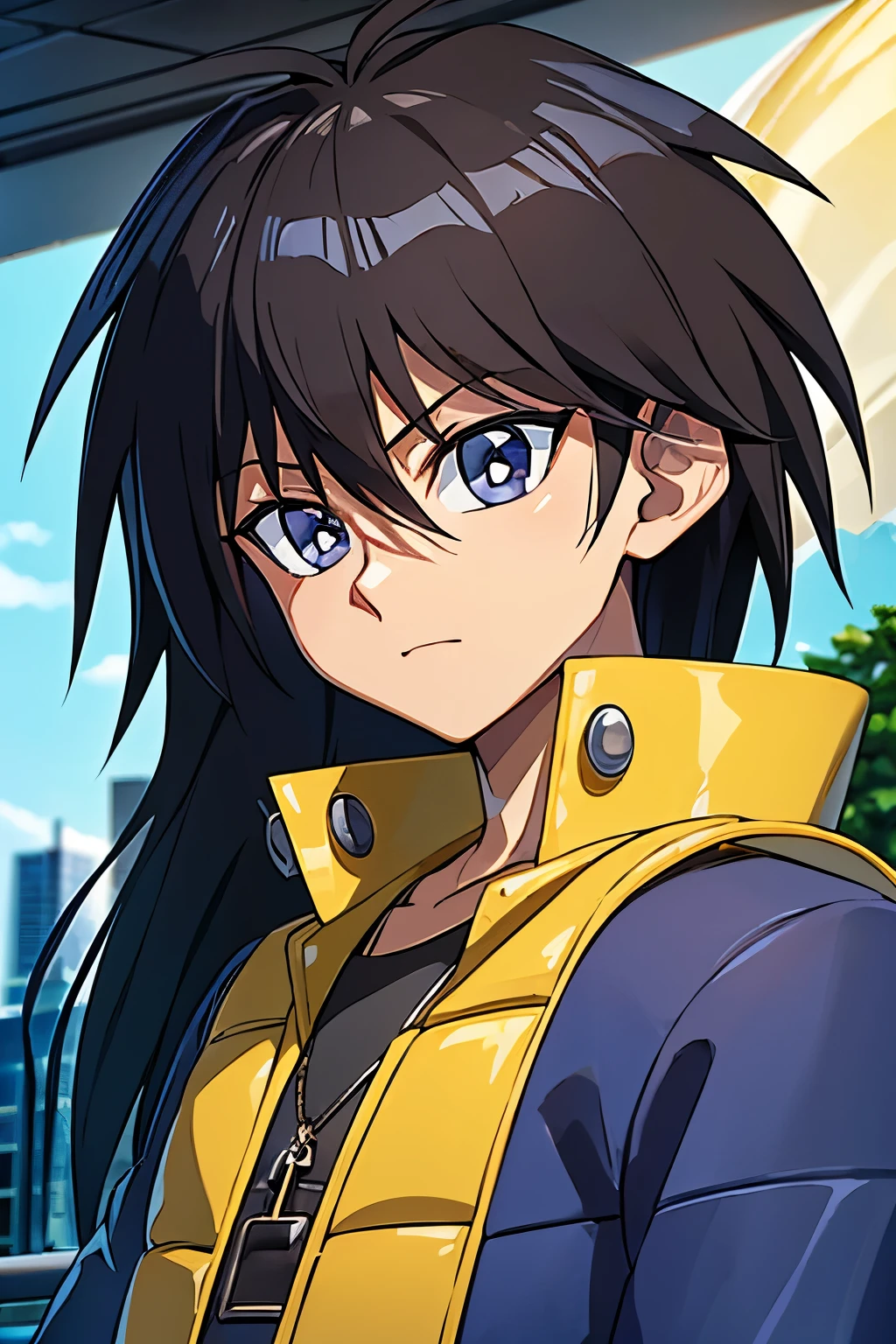 (work of art, best qualityer, ultra detali), 1 young boy, Bblack hair, yellow jacket, (Portrait photo), gazing at viewer, Mokuba Kaiba, citys
