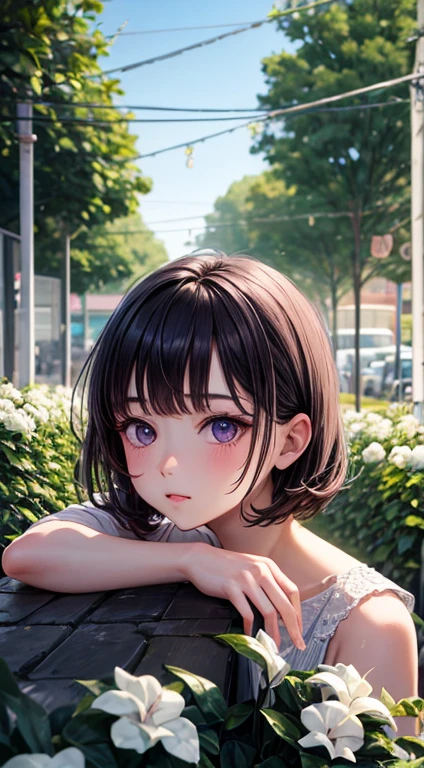 Tabletop, Highest quality, 8K, 85mm, RAW Photos, Absurd, Award-winning portrait, alone, Violet, Gardenias, Delicate girl, Upper Body, Idol's face, night, neon, Digital SLR, View your viewers, nature, Frank, Sophisticated, Zola々right, Professional Lighting, Film Grain, chromatic aberration, (Bokeh:1.1)
