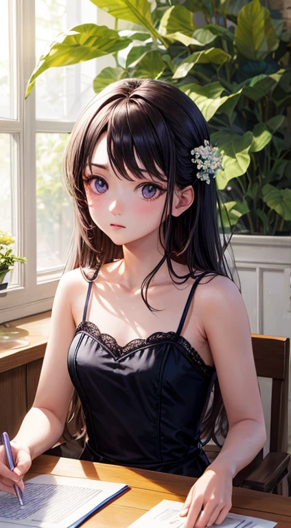 Tabletop, Highest quality, 8K, 85mm, RAW Photos, Absurd, Award-winning portrait, alone, Violet, Gardenias, Delicate girl, Upper Body, Idol&#39;s face, night, neon, Digital SLR, View your viewers, nature, Frank, Sophisticated, Zola々right, Professional Lighting, Film Grain, chromatic aberration, (Bokeh:1.1)