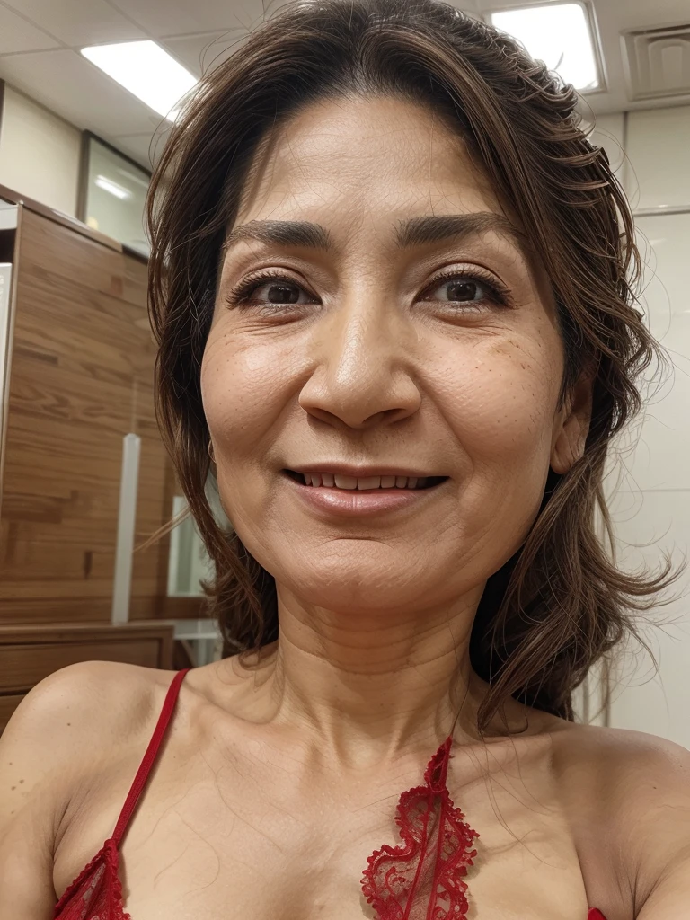 ((Highest quality)), ((8K)), ((masterpiece: 1.3)), (Perfect appearance), (Photorealism: 1.6), (AYN), (TI), (JMA), 1人のJapanese Mature, (Japanese Matureのポートレート), (Blurred Background), (65 years old, Japanese Mature), ((Realistic skin texture)), (Fine lines all over the skin), (Dull skin), (Facial wrinkles), (Wrinkles around the eyes), double eyelid, Tear bags under the eyelids, (red lace slip), (View from below),