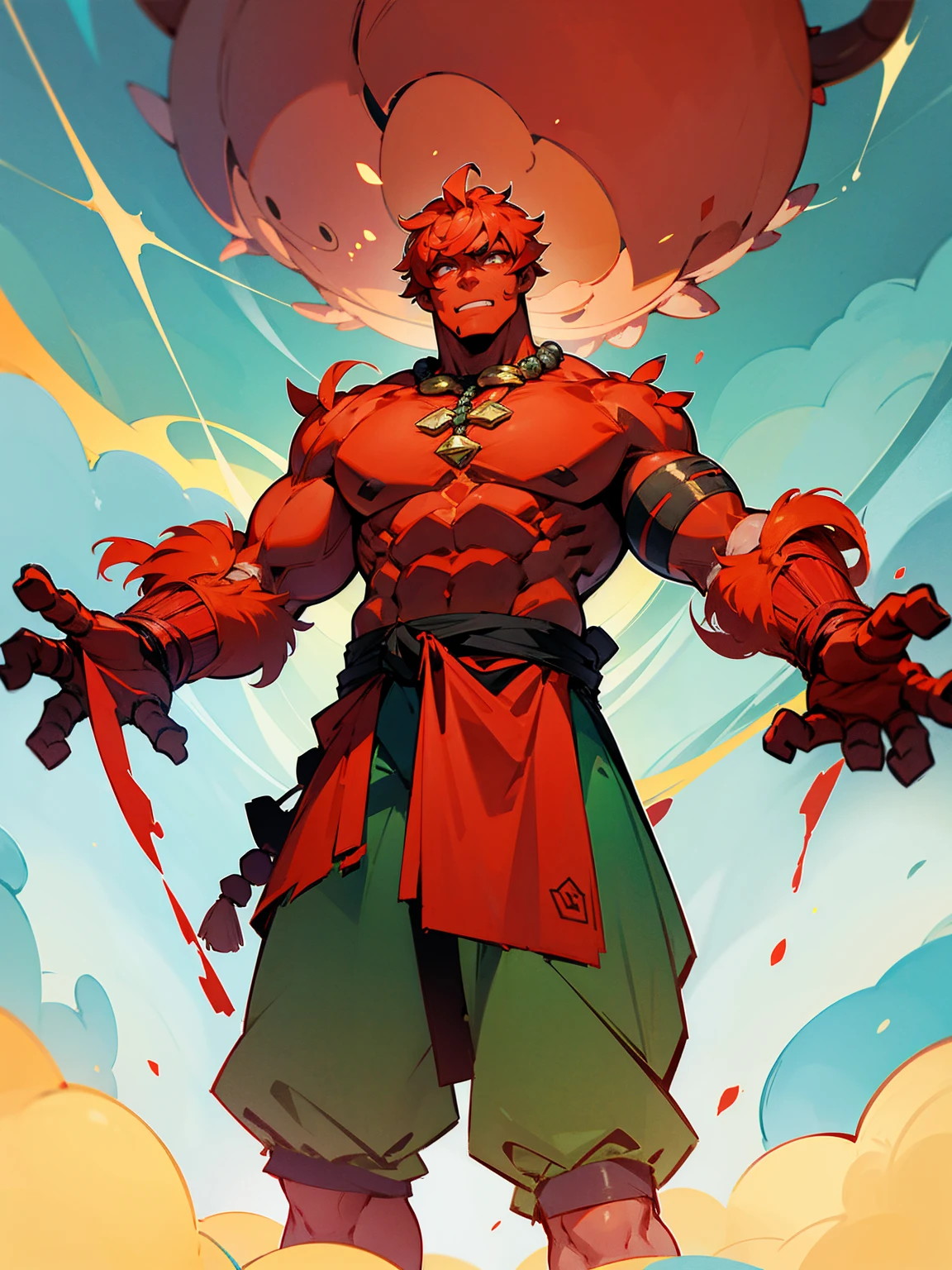 1male, ogre, red skin, 4 arms, cyclops, standing on path