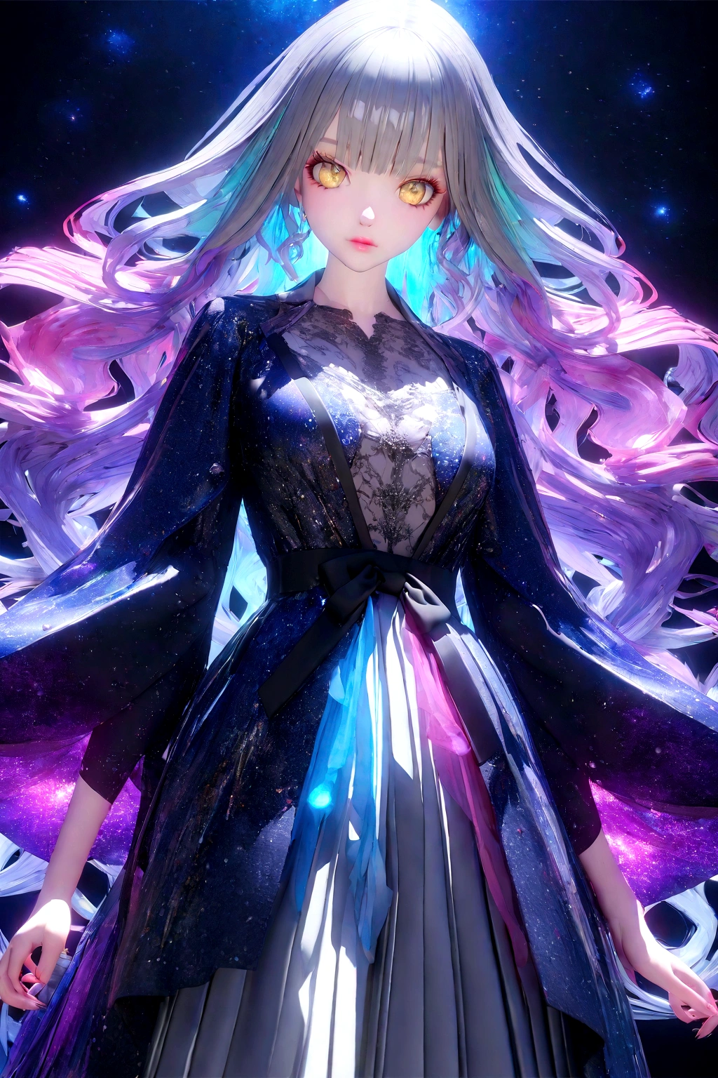 , アニメアート壁紙 8K, best anime 4k , anime art wallpaper 4k, anime art wallpaper 4k, Anime Style 4k, detailed Digitalアニメアート, Digitalアニメアート, anime wallpaper 4k, anime wallpaper 4k, Holography in anime, Draw in neon colors:1 girl:future, transparent, 3d, Light, sf, Digital art, Digital, scientific, Dark Background: electronic circuit: Draw in neon colors, 3d, masterpiece, Digital空間, energy, beautiful, masterpiece, 8K, Light, Familiar, Vibrant, colorful, Nice, beautiful, Rich colors, beautiful ,. Magical Effects, Sparkling, beautiful Light ,Luxury Fashion,girl, Inji, Purple Hair, Yellow Eyes, Long Hair, Gray Hair, Gradient Hair,curl,Wave,Platinum Gradation,Fine details,Chic and stylish,Perfect Makeup,Glamorous expression,Beautiful and delicate eyes,Beautiful and delicate lips,Dior Pink Lip,Background Night,Bamboo,A wish strip,The Milky Way filled with stars,,White, red and blue yukata,,Dark blue band,There is only one bell hanging from the obi.,Draw down to your feet,protocol,colorful,Sad expression,,背景に巻かれた星scientific, Dark Background: electronic circuit: Draw in neon colors, 3d, masterpiece, Digital空間, ,Background with rolled gemstones,The right hand is extended to the upper right, as if speaking to something.,