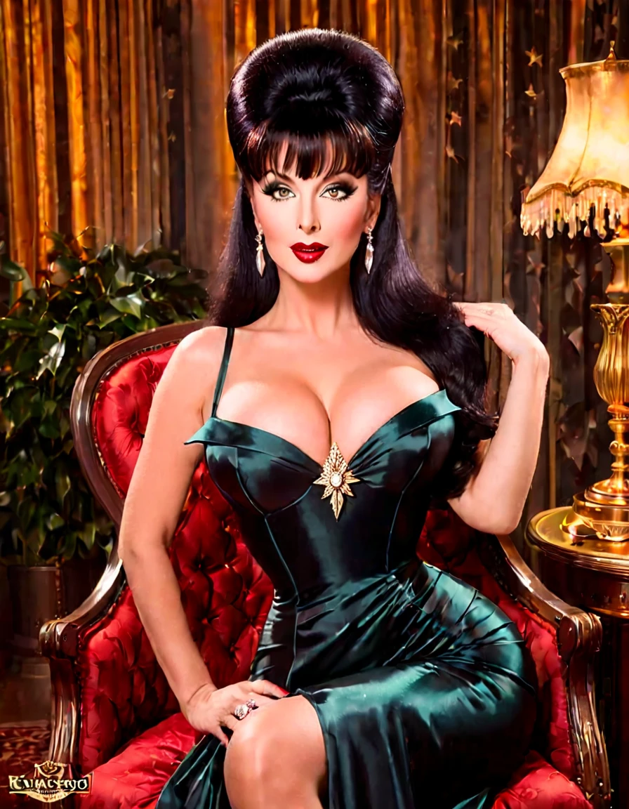 Generate a portrait of Elvira exuding timeless elegance and vintage glamour. Envision her in a classic Hollywood setting with soft, flattering lighting. Emphasize her features with a touch of sophistication, perhaps inspired by the golden age of Hollywood. Ultra Realistic photo, vibrant colors, 16k