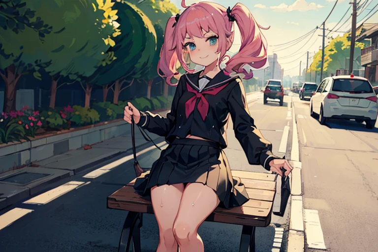Girl with pink hair, long twintail hairstyle, ((small bushy eyebrows)), wearing gothic ta clothing, loli, walking to school, flirty smile,, bored look, bored face,, (sitting with legs open lifting her skirt to show her vagina wet with semen), male pov, looking from above view