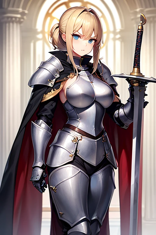 masterpiece, extra limbs, 1lady, 25 years old, gold long high ponytail, gold pubic hair, slant blue eyes, medium pointy breasts large areolas, muscle, serious, standing,(((hold a Holy sword))), (((clothed plate armor knight cape))),