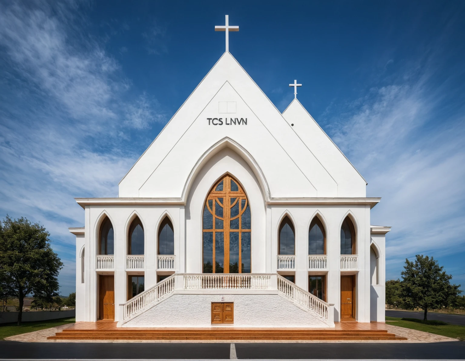 raw photo, best quality, ultra realistic, masterpiece, best quality skin, photography hd, dslr, tcs, httlvn, modern church, road, people, house, facade design, outdoors, church,