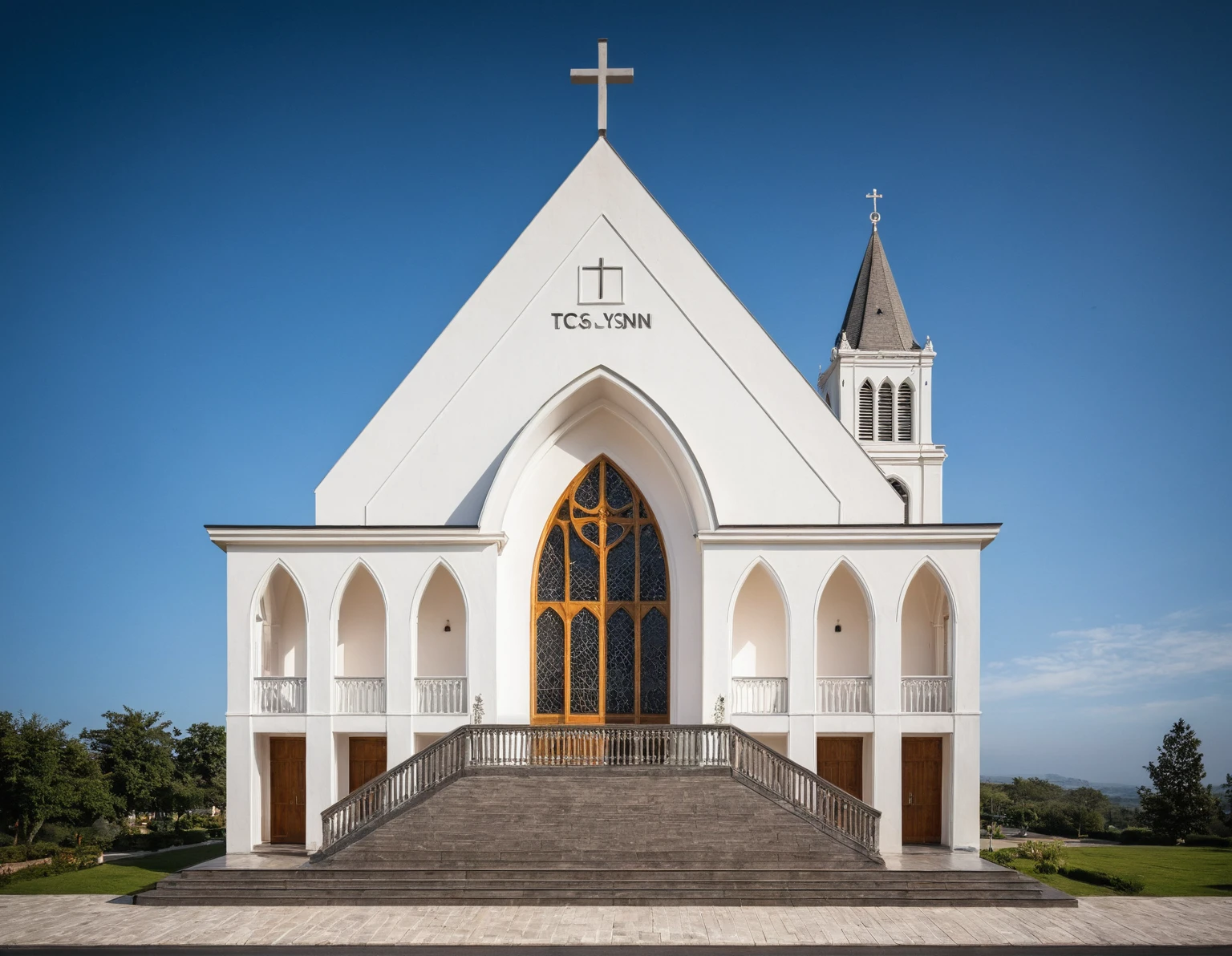 raw photo, best quality, ultra realistic, masterpiece, best quality skin, photography hd, dslr, tcs, httlvn, modern church, road, people, house, facade design, outdoors, church,
