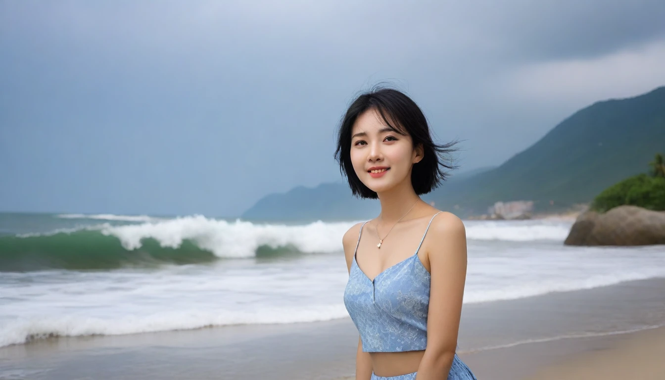 Beautiful Korean Woman, Chest size 34 inches, Wear sleeveless, light skirts, Looking at the sea from the beach at sunset. beautiful pretty woman look , wearing a light skirt , Go far into the sea water and soak your feet, wet, dark blue sky, bright sun light at midday, Short medium hair blowing in the wind, 1 woman, beautiful eyes, A slight smile, Beach with waves in Danang, Vietnam, palm trees visible, Taken from afar with a wide angle lens, best high definition, A big wave is coming