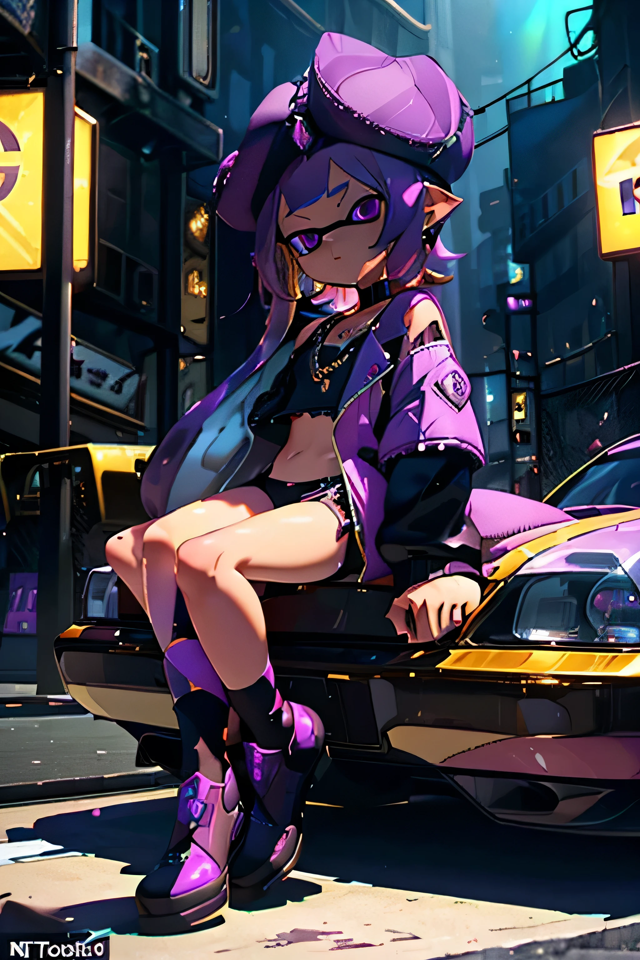 a girl on top of her car, gold tooth, golden chains, violet coat, short white shorts, long violet stockings, fashionable shoes, rapper, (best quality,4k,8k,highres,masterpiece:1.2),ultra-detailed,(realistic,photorealistic,photo-realistic:1.37),vibrant colors, dramatic lighting, urban slum, gritty, cinematic