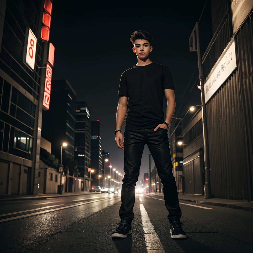 Night photo, fogy,road,a boy 20 years old,hight 5.8 ,cool pose,black shirt black pants Balck shoes,high resolution photo orginal