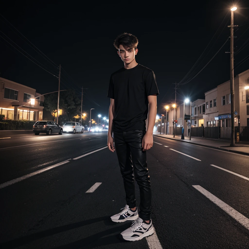 Night photo, fogy,road,a boy 20 years old,hight 5.8 ,cool pose,black shirt black pants Balck shoes,high resolution photo orginal