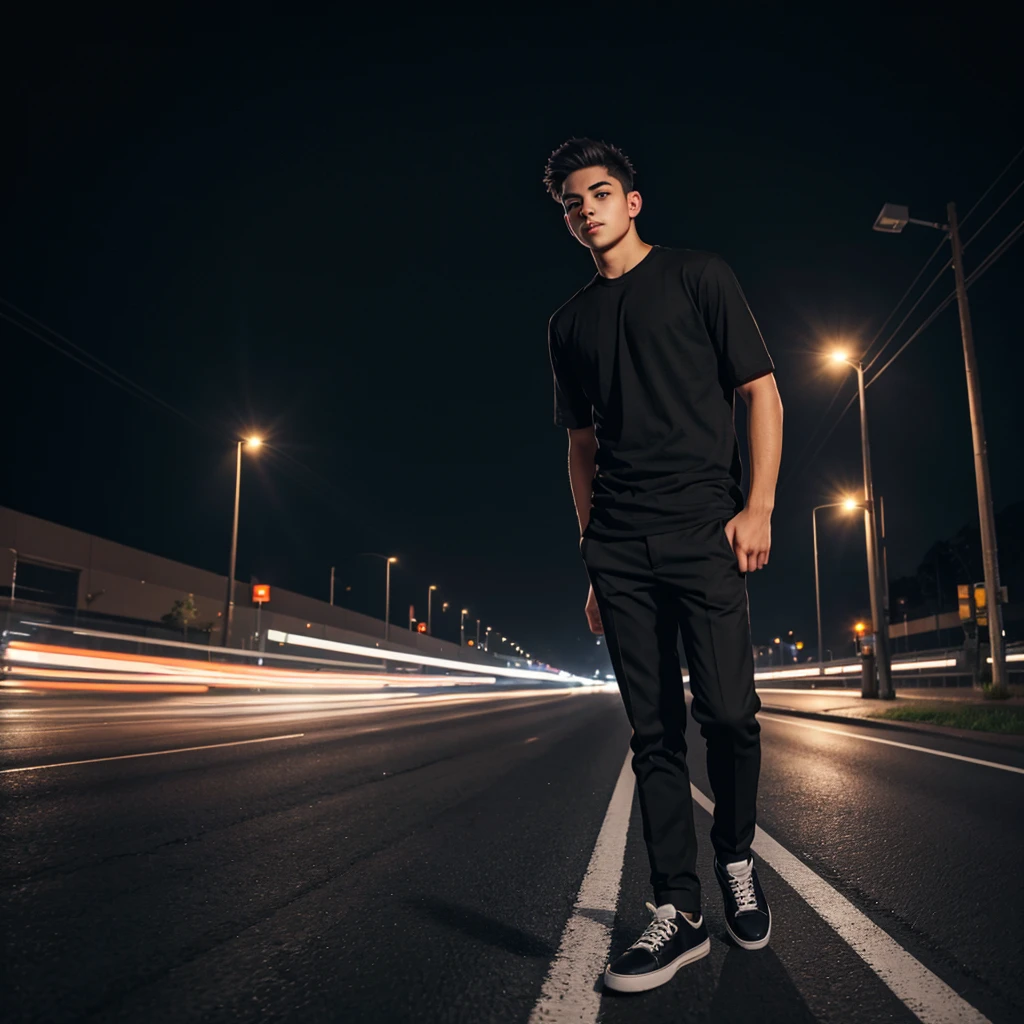 Night photo, fogy,road,a boy 20 years old,hight 5.8 ,cool pose,black shirt black pants Balck shoes,high resolution photo orginal