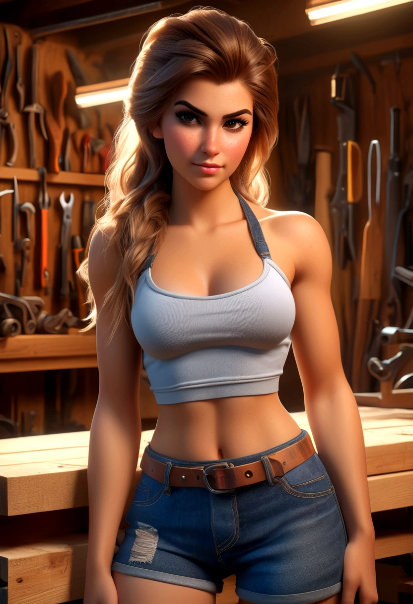 A gorgeous tomboy, , age 18, giga busty, big butt, wearing daisy duke shorts and a tube top, in a woodworking shop, looking at tools and acting lewd for viewer, 8k, high quality, photorealistic, hyper detailed, studio lighting, physically-based rendering, vivid colors, dramatic lighting, moody atmosphere