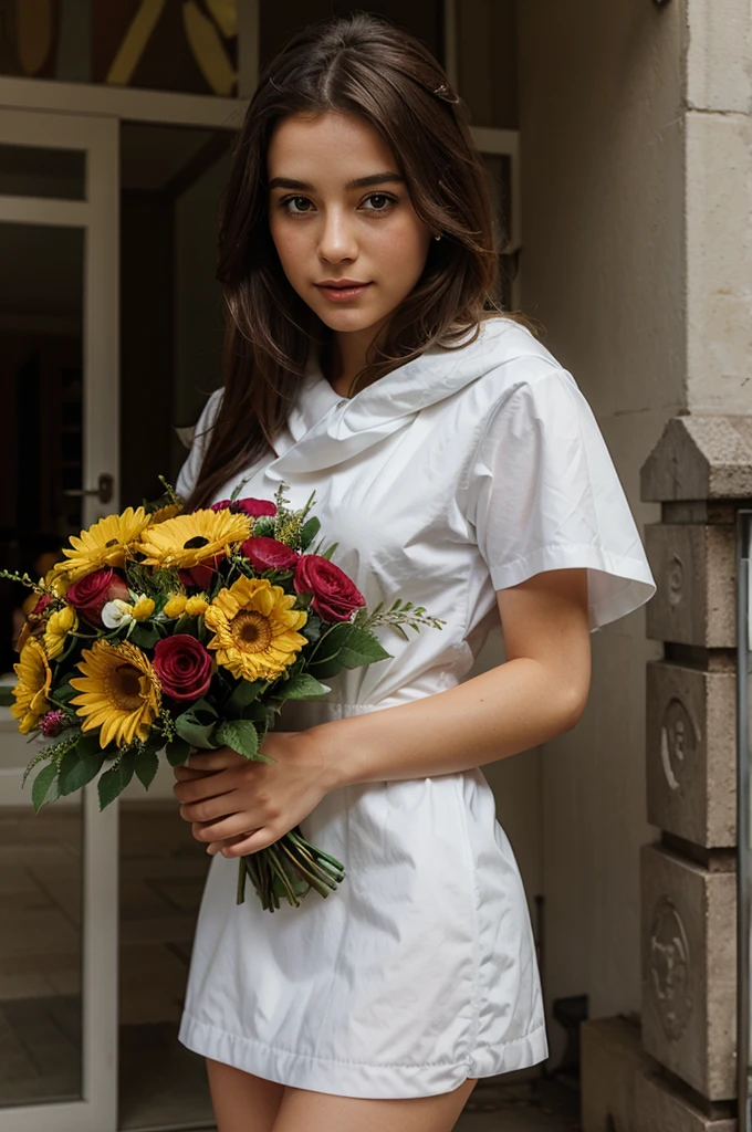 illustration of a covered girl with a beautiful bouquet
