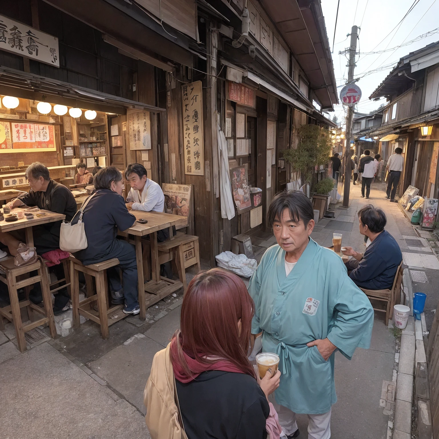 (masterpiece: 1.2, highest quality), snap shot, Japan's poor neighborhoods, Good old Japanese townscape、Poor conditions, (Dirty middle-aged man、Men gathering at a bar)、Dirty and old store、Showa Retro、Playing with friends on the street、Have fun eating and drinking with friends,