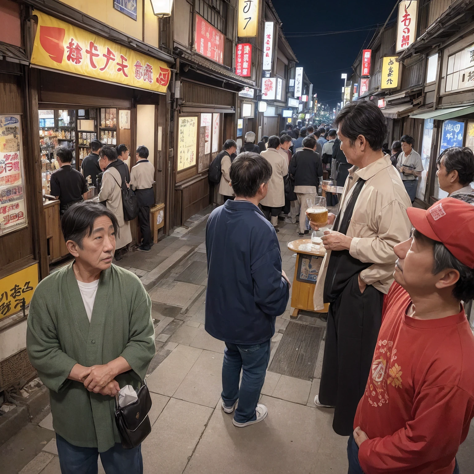 (masterpiece: 1.2, highest quality), snap shot, Japan's poor neighborhoods, Good old Japanese townscape、Poor conditions, (Dirty middle-aged man、Men gathering at a bar)、Dirty and old store、Showa Retro、Playing with friends on the street、Have fun eating and drinking with friends,