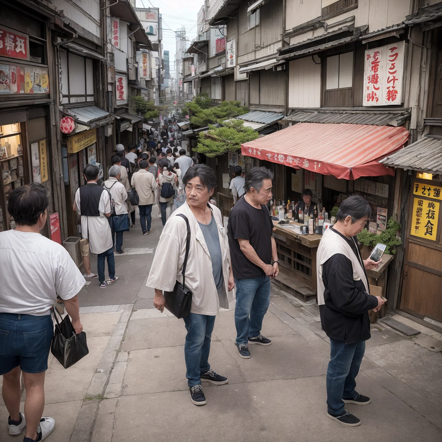 (masterpiece: 1.2, highest quality), snap shot, Japan's poor neighborhoods, Good old Japanese townscape、Poor conditions, (Dirty middle-aged man、Men gathering at a bar)、Dirty and old store、Showa Retro、Playing with friends on the street、Have fun eating and drinking with friends,