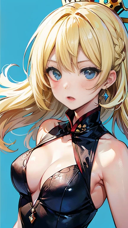 (Darjeeling,Nishizumi Shiho,Nishikinuyo),

One Woman,

(Blonde:2.00),
(Straight Long Hair),

Early 20 years old,Natural skin texture,Narrow waist,Thin type,
(Asian Skin:1.9),Height: 170cm,Japanese Girl,,
Blue Eyes,Small breasts,Princess,

(((Black one piece dress:Western))),
((Golden crown)),
(dark heroine),

((ID photo:1.8,Plain cerulean blue background:1.6,Capture your subject from the front)),
(expression(Straight face),upright posture,Open Mouth,narrowed eyes,blush),
(Wide open, perfect cleavage),humble,

Natural depiction,
Beautiful depiction,
Shiny eyes,
Healthy Body,
Natural hairstyle,
Natural body contours,
Natural facial contours,
(Five fingers)Absolute depiction,Symmetrical fingers,
Two arms,
Two legs,
Sharp eyelid depiction,
Symmetrical eyes,Symmetrical eyes,
Keep the subject in the center,Expand the upper body,
Beautiful image quality,
Delicate shades,
4K,Very detailed,
Delicate light adjustment,
Delicate contour drawing,