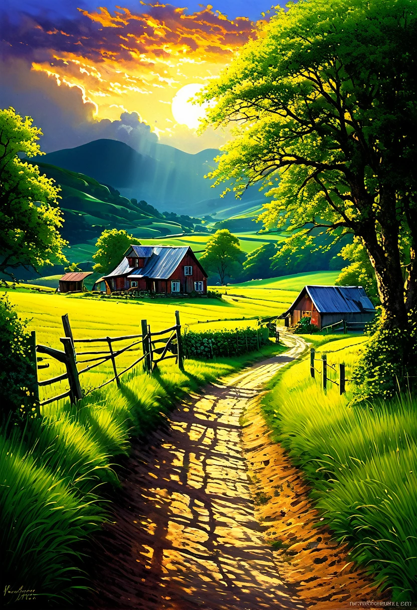 Summer countryside (painting style), realistic, very realistic, detailed, breathtaking realism, high contrast realism, highly saturated realism, vibrant colors, dramatic lighting, captivating landscapes, gripping storytelling, atmospheric scenes, captivating visuals, intricate detail, intense emotion, fantastical beauty, dreamlike worlds