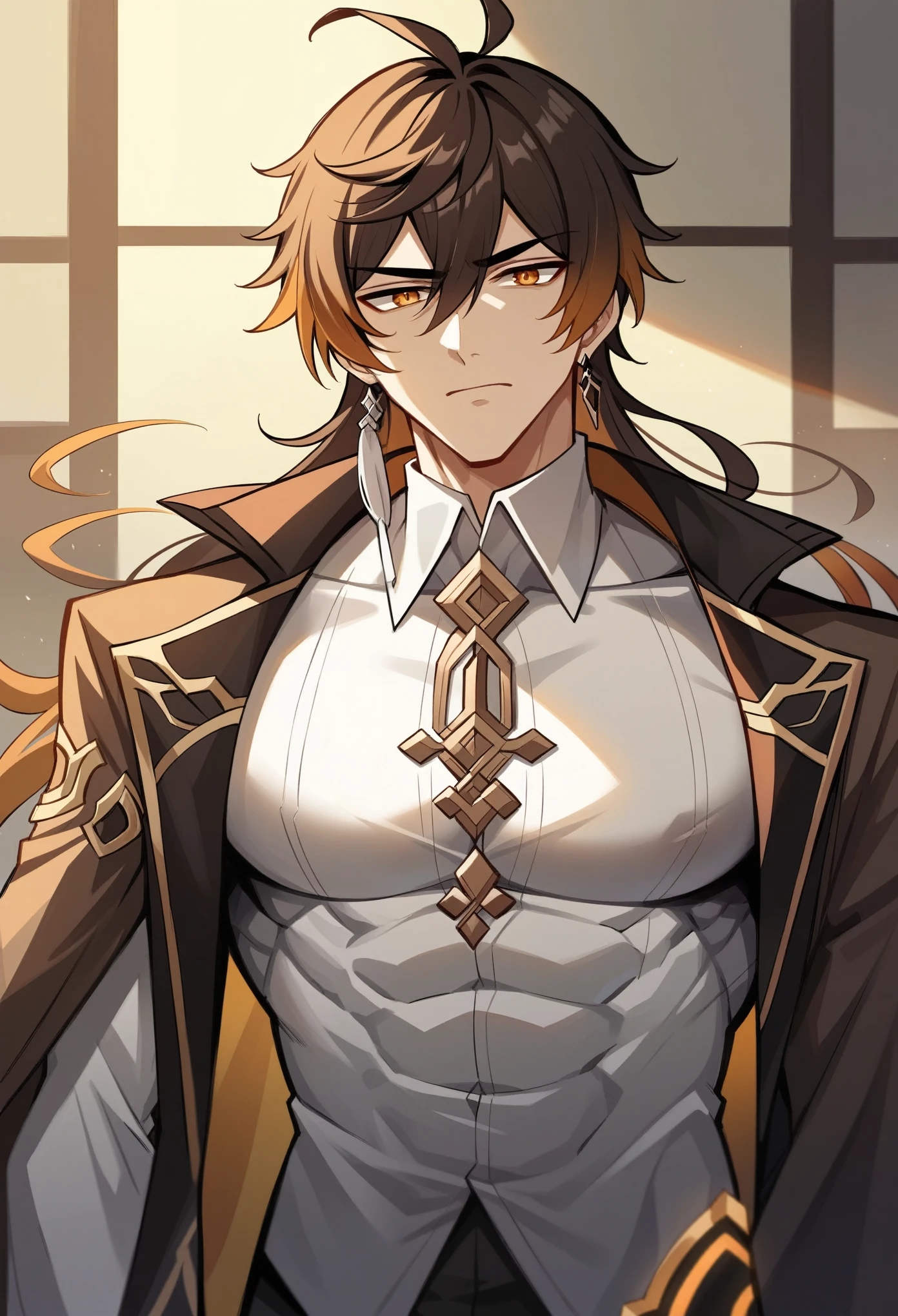 (Highest quality, 8K, masterpiece :1.3), Handsome young man with perfect figure and long hair :1.4, Zhongli, Zhongli, Dark brown hair, Swollen breasts, Genshin Impact, On the Ruins, In the hands of a gun, Highly detailed face and skin, Fine grain, double eyelid