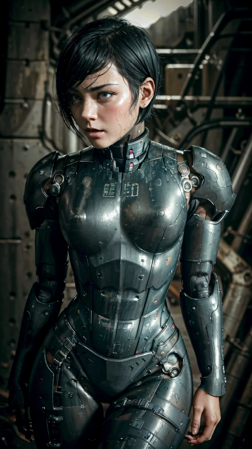 Textured skin, Very detailed, Attention to detail, high quality, 最high quality, High resolution, 1080P, hard disk, beautiful,(War Machine),beautifulサイボーグ女性,Mecha Cyborg Girl,Battle Mode,Girl with a mechanical body Black Hair Short Hair Boyish Dark green armor Sweaty and wet face The change is over Met Off Steam coming from the head Steam coming out of the whole body Painful expression Please open your mouth wide Snug-fitting headgear Black Inner Suit Full body portrait from the front
