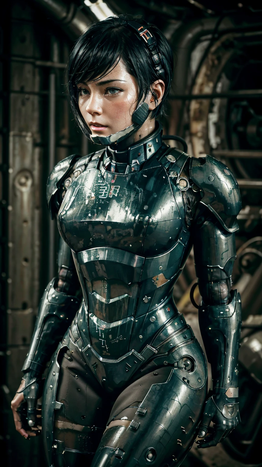 Textured skin, Very detailed, Attention to detail, high quality, 最high quality, High resolution, 1080P, hard disk, beautiful,(War Machine),beautifulサイボーグ女性,Mecha Cyborg Girl,Battle Mode,Girl with a mechanical body　Black Hair　Short Hair Boyish　Dark green armor　Sweaty and wet face　The change is over　Met Off　Steam coming from the head　Steam coming out of the whole body　Painful expression　Please open your mouth wide　Snug-fitting headgear　Black Inner Suit　Full body portrait　from the front